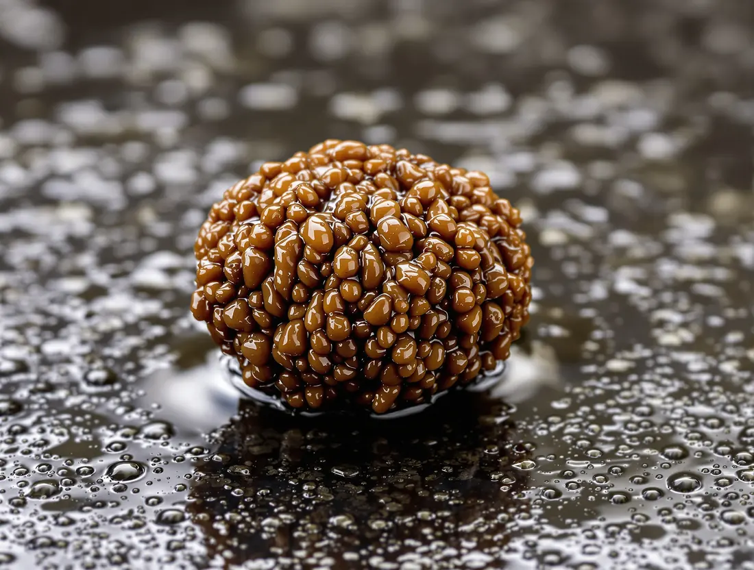 A freshly washed desert truffle glistening with water droplets on wet dark stone