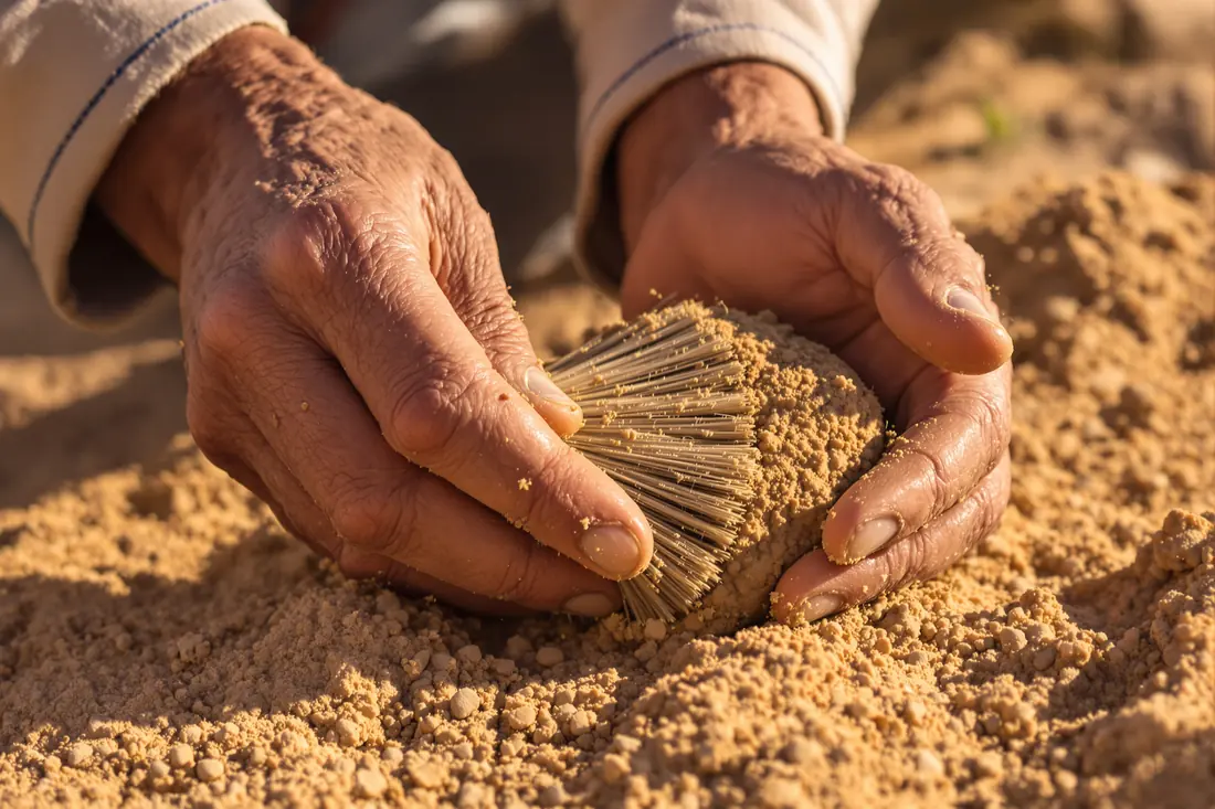 Weathered hands brushing sand from a freshly unearthed desert truffle