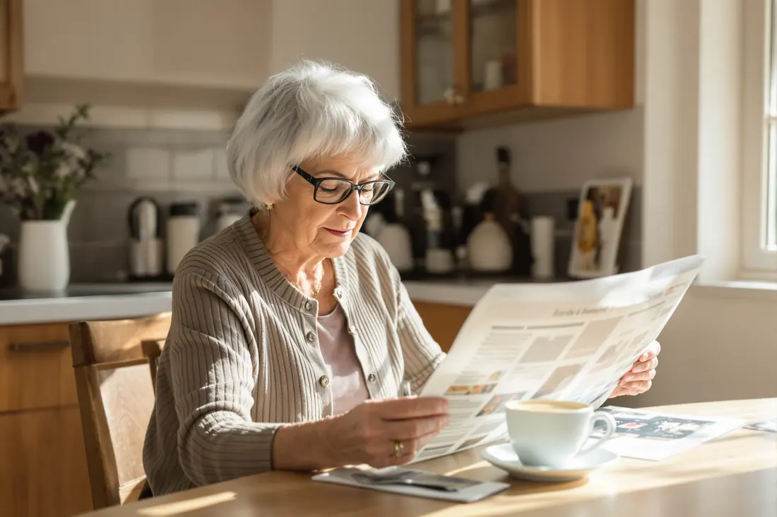 A woman reading a newspaper in morning light