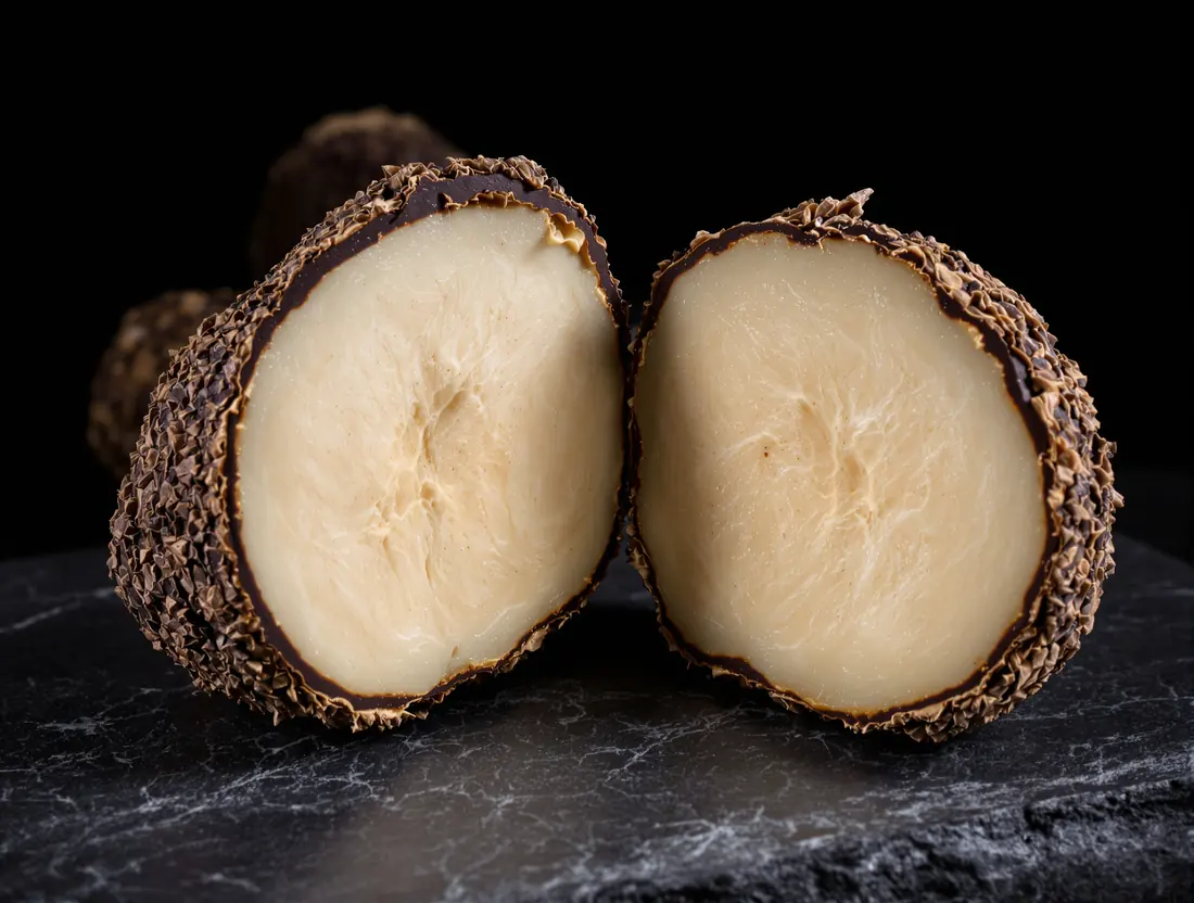 A desert truffle cut in half on dark slate, showing pale marbled interior